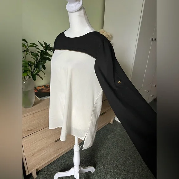 CALVIN KLEIN Black & White Colorblock Business Casual 3/4 Long Adjustable Sleeve - Picture 2 of 16